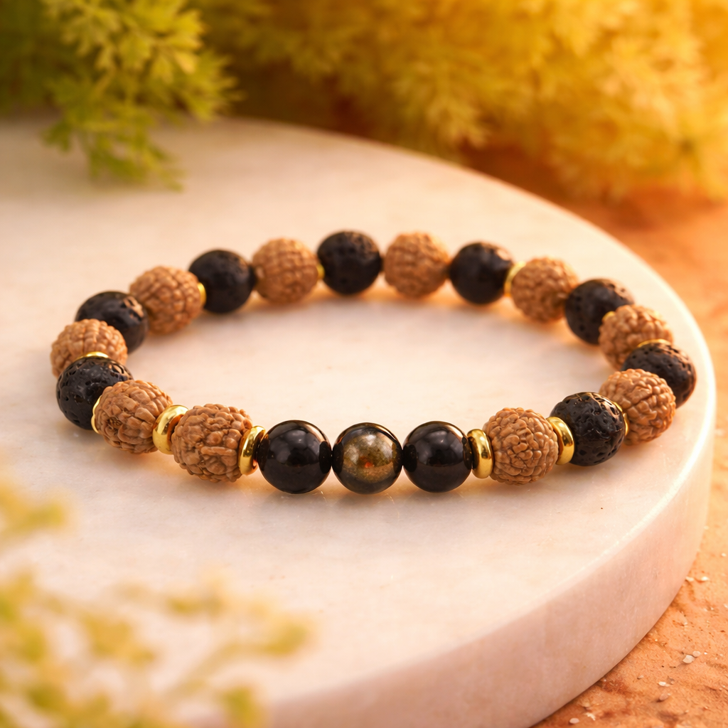 Rudraksha, Pyrite, Tourmaline & Lava Stone Bracelet (Unisex, 8mm)