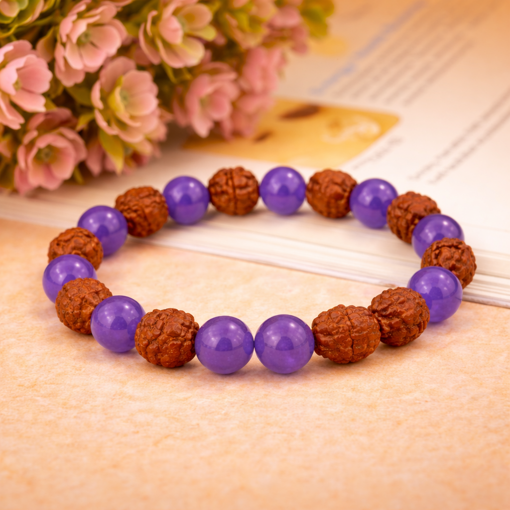 Amethyst & Rudraksha Bracelet (8MM, Unisex)
