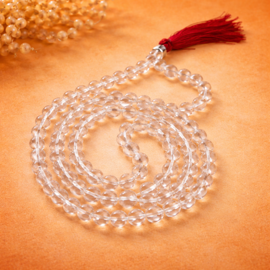 Natural Sphatik Necklace Jaap Mala (108+1 Beads, 8MM, Unisex) 100% Original & Certified