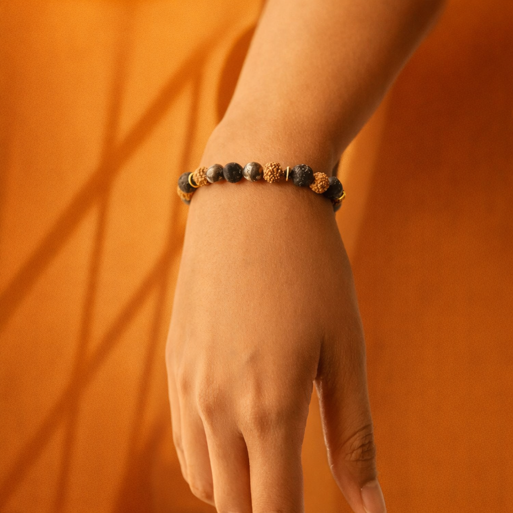 Rudraksha, Pyrite, Tourmaline & Lava Stone Bracelet (Unisex, 8mm) - Image 3